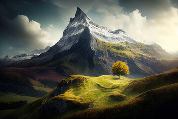 High mountain peak landscape with a green valley on foreground. Generative AI