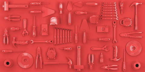 colored red tools set background concept of repair tools warehouse promotion 3d render - 567445893