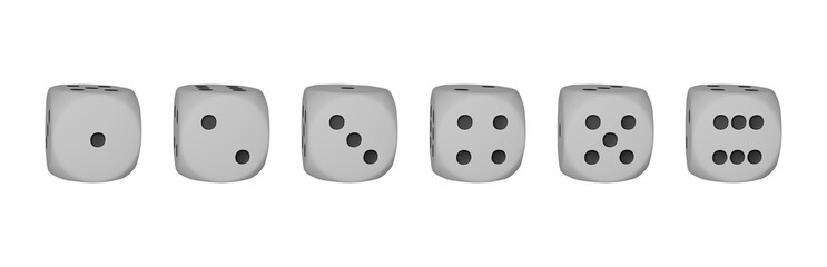White casino 3D game dice render set, realistic rolling cube on white, playing square with dots. Gambling craps icon kit, Vegas roulette bet assets, front side view. Game dice number collection