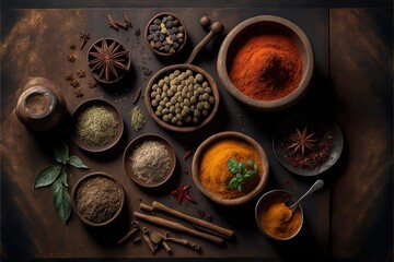  a table topped with bowls of different types of spices and spices on top of each other next to a spoon and a pepper mill and pepper mill.  generative ai