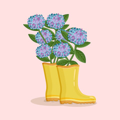Bouquet of hydrangea flowers rain boots. Spring composition for women's day, mother's day, easter and other holidays. Spring floral design isolated vector illustration.