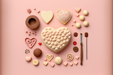 Obraz na płótnie Canvas Valentines Day composition. Heart on pale pink background. Flat lay, top view Love concept made with Generative AI technology