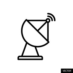 Satellite dish, antenna, radar, communication concept vector icon in line style design for website, app, UI, isolated on white background. Editable stroke. Vector illustration.