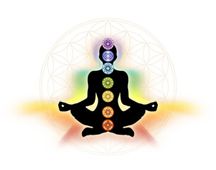 7 Chakra symbols and Flower of Life. Human energy body, aura, yoga lotus pose. Powerful decor for meditation and chakra energy healing. - obrazy, fototapety, plakaty