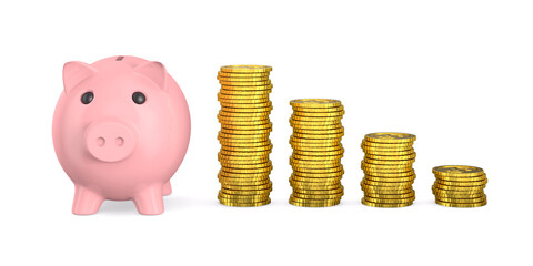 Pink piggy bank and money on white background. Isolated 3D illustration
