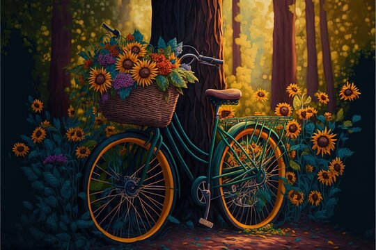  a painting of a bicycle with a basket of flowers on the front of it parked next to a tree in a forest with sunflowers.  generative ai
