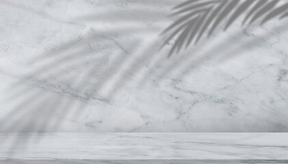 Wall Marble texture background with coconut palm leaves shadow overlay,White,Grey nature granite wall surface for Ceramic counter or interior decoration.Luxury design backdrop product background