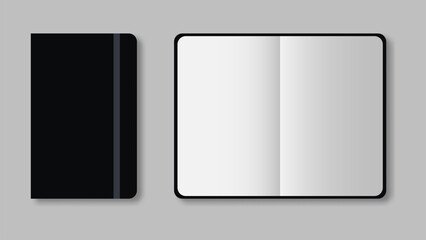 Black realistic notebook mockup. Close and open book on grey background.