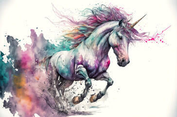 Obraz na płótnie Canvas a running unicorn in the style of aquarelle, ai generated