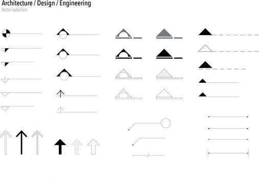 Vector collection with various graphic resources to use in architectural, engineering and design projects - graphical representation of arrows, sections, levels, measurements.