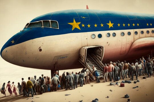 Crowd Of People Near The Plane. Illegal And Legal Immigration And Emigration Concept. Global Migration. Emigrants And Refugees. 