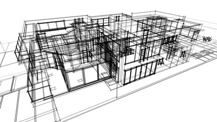 3d rendering of modern house building concept architectural sketch