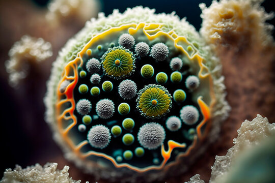 detailed macro image of mold for example on a damp wall, on food or on the skin, generative ai