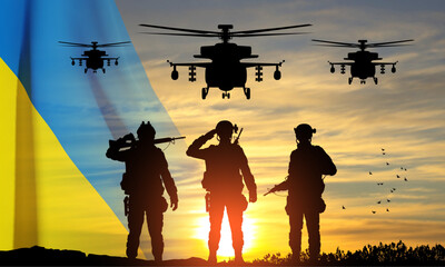 Fototapeta na wymiar SIlhouettes of a soldiers and a military helicopters against the sunset and flag of Ukraine. EPS10 vector
