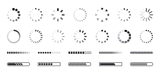 Loading icon set. Load circle icons. Download indicator sign. Progress loading bar. Upload symbol. Loader icon. Vector illustration.