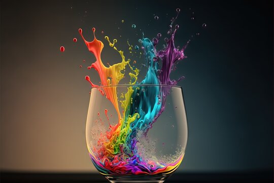  a glass filled with colorful liquid on top of a table next to a black wall and a black background with a black border around the glass.  generative ai
