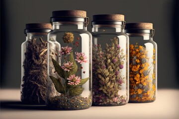  a group of four glass jars filled with different types of flowers and herbs on a counter top next to a wall with a black background.  generative ai - obrazy, fototapety, plakaty