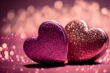 Two Hearts On Pink Glitter In Shiny Background, Valentine's Day Concept made with Generative AI technology