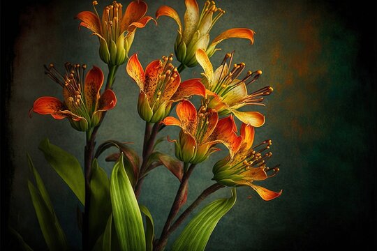  a painting of orange flowers in a vase on a green tablecloth with a black background and a green background with a black border around the edges.  generative ai