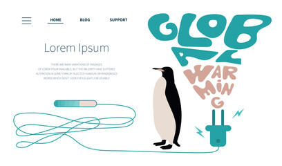 Landing page with glacier lettering GLOBAL WARMING. The glacier melt, climate change and penguin die out.  Global problem with big emissions co2. Vector illustration carbon footprint.
