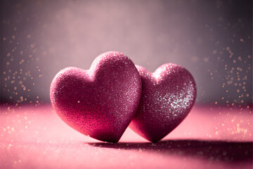 Obraz premium Two Hearts On Pink Glitter In Shiny Background, Valentine's Day Concept made with Generative AI technology