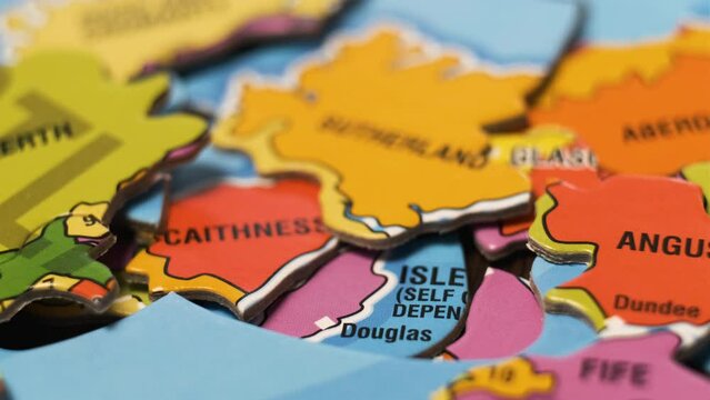 Scotland Map Puzzle Blocks with Scottish Cities. Close-Up Video Background, Dolly Footage.