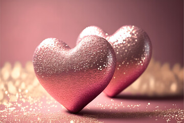 Obraz premium Two Hearts On Pink Glitter In Shiny Background, Valentine's Day Concept made with Generative AI technology