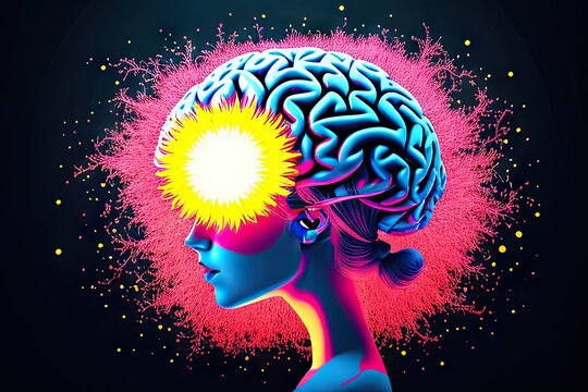 Creativity concept with a brain in neon colors, generative AI