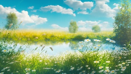 Blurred spring time landscape with trees, chamomile in flower in a glade, and a clear blue sky. Generative Ai.