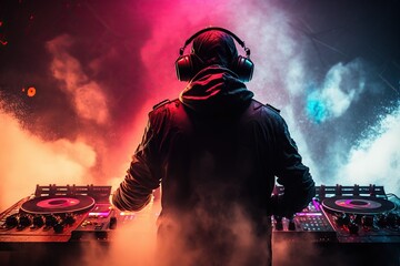 Abstract back view man playing on Modern DJ mixer table with speakers nightclub on background , Colorful Smoke,Generative ai