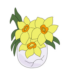 Bouquet of yellow daffodils with green leaves growing in lilac eggshells. Vector illustration on a white background