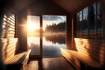 Interior of Finnish sauna, classic wooden with panoramic window, sunlight. Generation AI