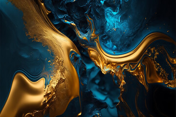 Abstract paint background by deep blue and gold color with liquid fluid texture in luxury concept.  hd ultra definition