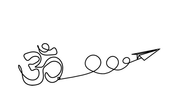 Sign of OM with paper plane as line drawing on the white background
