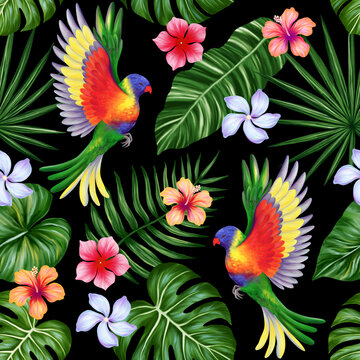 Tropical seamless pattern. Colorful vivid print with beautiful palm jungle leaves, flowers and lorikeet parrots. Repeated luxury design for packaging, cosmetic, fashion, textile, wallpaper.