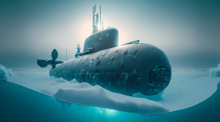 Army Nuclear military Submarine in north waters of Arctic sunset. Generation AI - obrazy, fototapety, plakaty