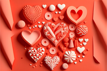 Valentines Day. Red white hearts paper cut style and dessert, candy on coral. Happy holidays made with Generative AI technology