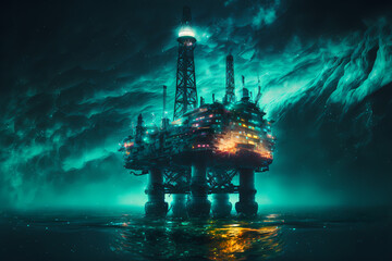 Arctic Offshore petroleum platform oil rig and gas at cold frozen sea water, Northern Lights aurora. Generation AI