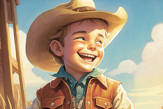 illustration for a children's book depicting a smiling cowboy - AI generative