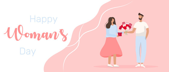 Banner for the international women's day with woman and man.Greeting card design for March 8, International Women's Day. Vector illustration.