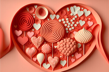 Fototapeta premium Valentines Day. Red white hearts paper cut style and dessert, candy on coral. Happy holidays made with Generative AI technology