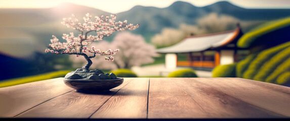 Empty wood table top with blur sakura branch in Japanese Zen Garden.  for display or montage your products.	
