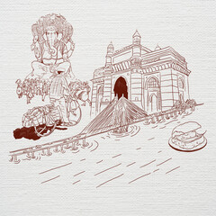Mumbai city Line art Background India Maharashtra Metro city . illustration artwork . - obrazy, fototapety, plakaty