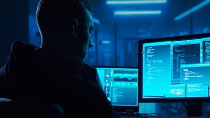 Computer Hacker in Hoodie. Obscured Dark Face. Concept of Hacker Attack, Virus Infected Software, Dark Web and Cyber Security.