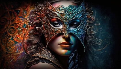 Woman in Carnival Mask, Mardi Gras celebration illustration generative ai