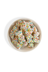 Styled Bulk Vintage Candy. Round Dish Filled with Rainbow Nonpareils Coated Gummy Bears. Candy on White Background. Vertical Image with Copy Space.