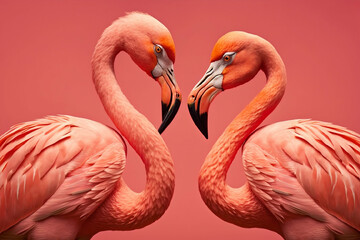 Obraz premium couple de flamants roses sur fond rose - illustration ia