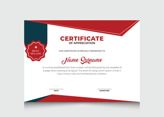 Modern red certificate of appreciation design template for print. 