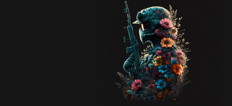 Concept banner pacifism, anti war demonstration for peace. Image modern soldier with weapons and flowers. Generation AI