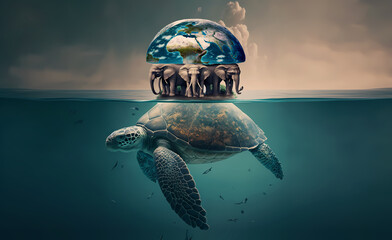 Mythology theory structure of world. Turtle carrying elephants that carries Earth upon their backs. Generation AI - obrazy, fototapety, plakaty